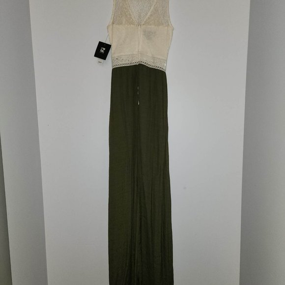 NWT IZ Byer Maxi Dress in Olive with Cream Lace Top - Picture 5 of 6
